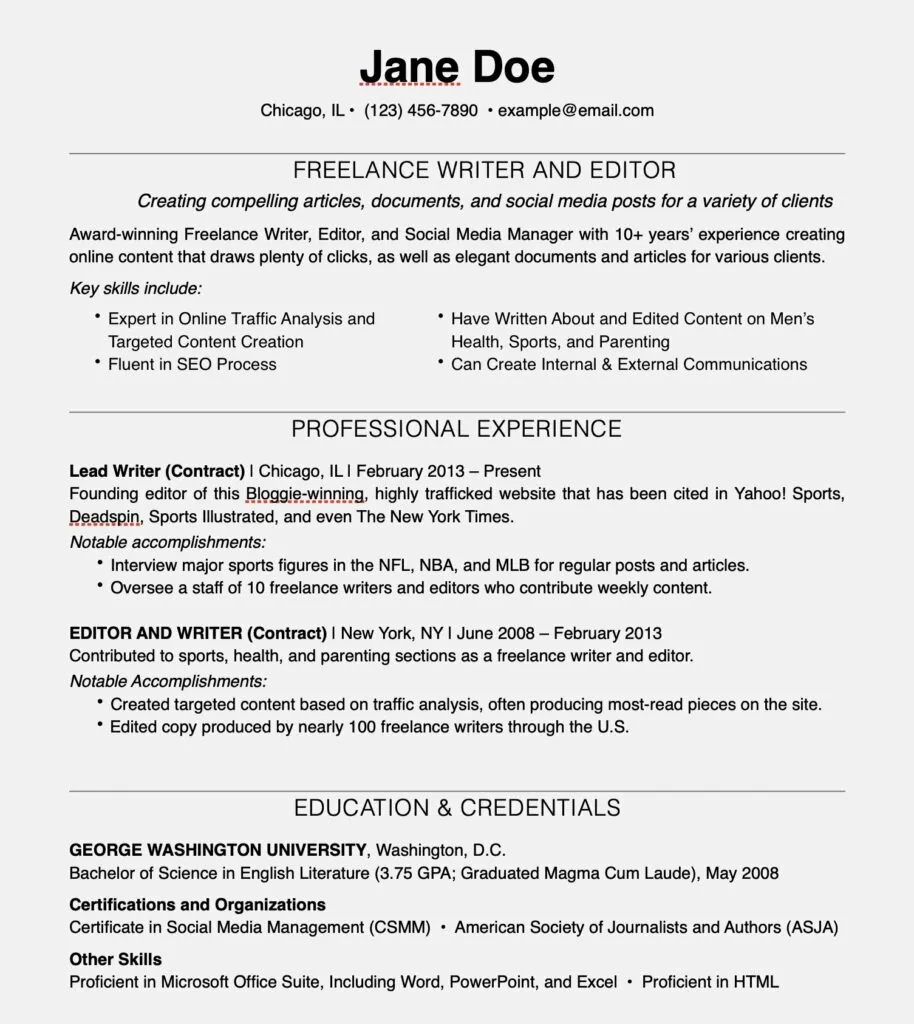 freelancer resume example